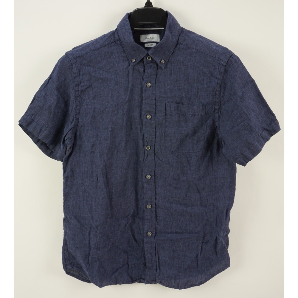 Porter & Ash 100% Linen Men's‎ Large Solid Dark Blue Pocket Button Down Shirt